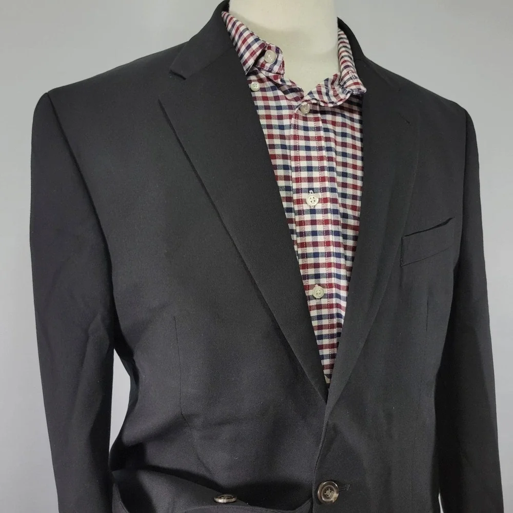 Chaps Men's Sport Coat Blazer Two Button Solid‎ Black Twill Wool Size 42L